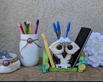 Cute Owl Gifts~Wooden Owl Desk Set~Mason Jars~Owl Lover Gift~Makeup holder, Teacher gifts, Desk decor~Gifts Under 30 @ApronStringsOwlLady