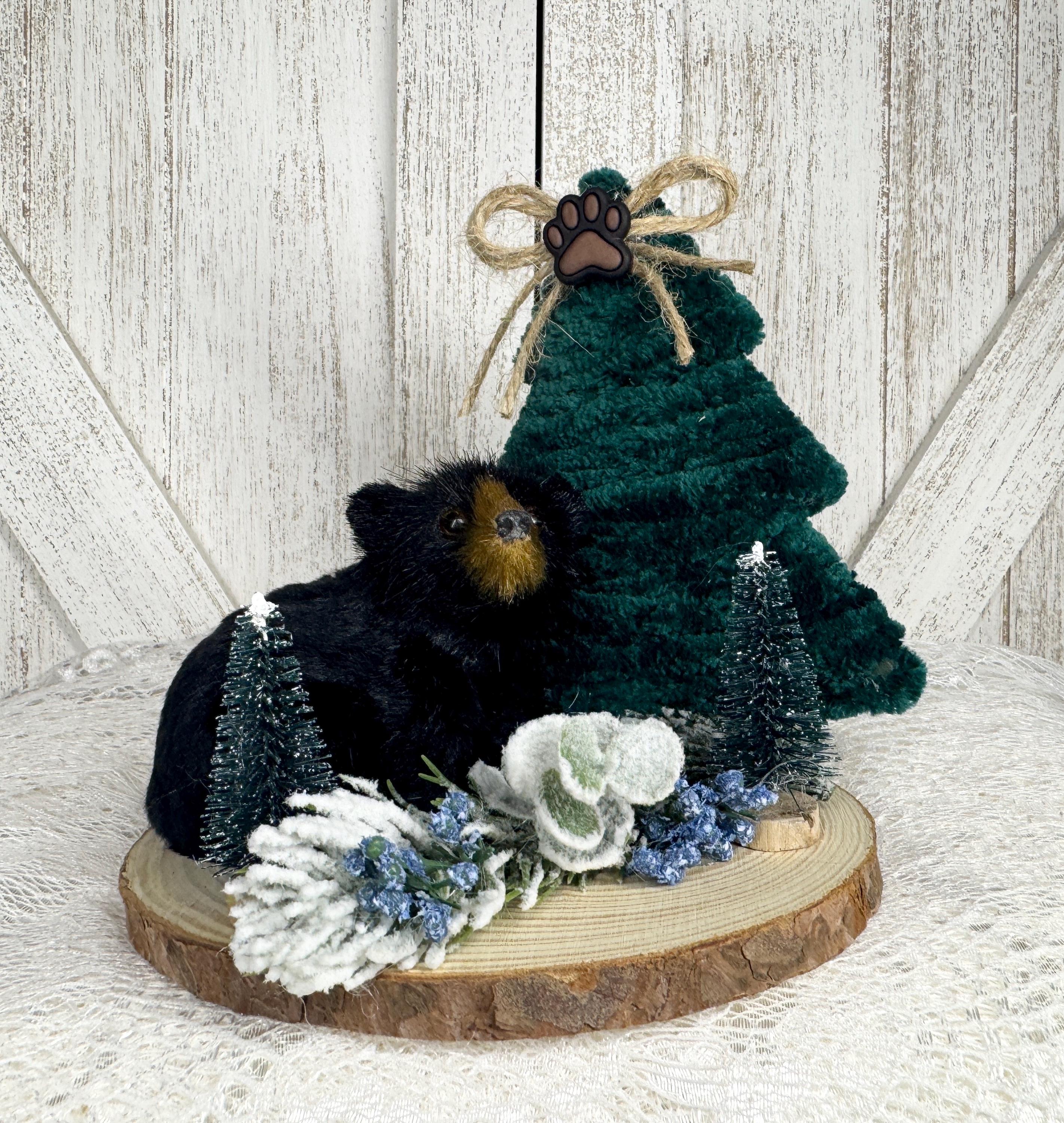 Mama Black Bear Cabin Decor: Velour Tree, Jute Bow Accent