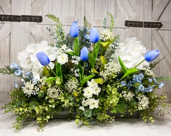 Farmhouse Eucalyptus Dining Table Centerpiece, White Hydrangea & Light Blue Silk Tulip, Greenery Tray, Country Faux Floral Arrangement, Gift