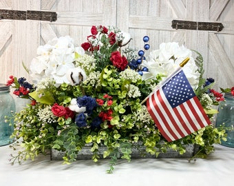 Farmhouse Americana Centerpiece, Patriotic Eucalyptus Arrangement, Red White Blue Tray, Country USA, All Faux Floral, handmade