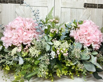 Farmhouse Pink Hydrangea Centerpiece, Pretty Pink True Touch Hydrangeas, Mixed Greenery & Eucalyptus Arrangement, Gift for Mom