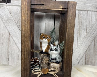 Forest Fox & Raccoon, Rustic 10&quot; California Blue Pine Naturally Distressed Woodsy Gift,  Woodland Display