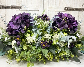 Farmhouse Eggplant Hydrangea & Cream Centerpiece,  Assorted Greenery and Eucalyptus, Country ‘Fresh look’ Faux Floral Galvanized Arrangement