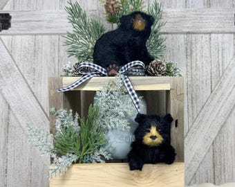 Woodland Black Bear Family Rustic Wooden Jar Holder Faux Forest Arrangement @  ApronStringsOwlLady