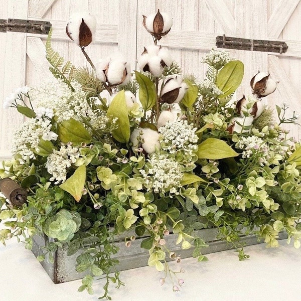 Farmhouse Cotton Bolls Arrangement,  Eucalyptus Greenery Centerpiece, Country Kitchen, Realistic faux Floral, Galvanized Tray, Gift