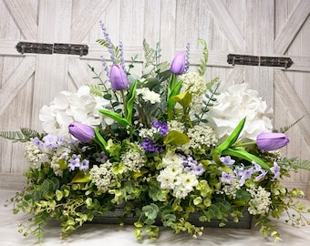 Farmhouse Dining Table Centerpiece, White Hydrangeas & Lavender Tulips, Eucalyptus Greenery Tray, Faux Floral Arrangement, Moms Day Gift