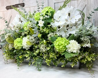 Farmhouse Centerpiece, Greenery Tray White & Sage Green Hydrangeas, Eucalyptus New Country Kitchen ‘Fresh look’ Realistic Faux Floral, gift