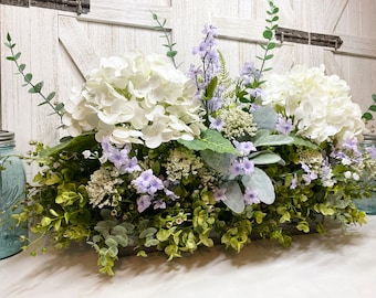 Lovely Farmhouse Lavender & True Touch White Hydrangea Eucalyptus Tray Arrangement, Country Kitchen ‘Fresh look’ Realistic Faux Floral, Gift