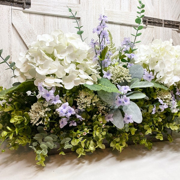 Lovely Farmhouse Lavender & True Touch White Hydrangea Eucalyptus Tray Arrangement, Country Kitchen ‘Fresh look’ Realistic Faux Floral, Gift