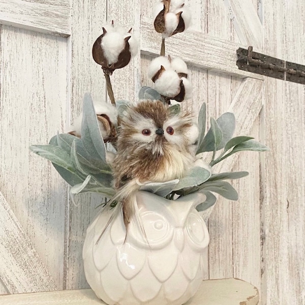 Owl, Farmhouse Owl Vase - White Ceramic Owl  Vase with faux Floral -Lambs Ear - Cotton Bolls - Brown & Cream Owl - handmade decor