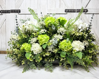 True Touch Hydrangea Farmhouse Centerpiece: Sage Green Eucalyptus Floral Tray