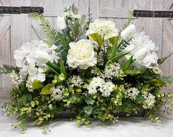 Farmhouse White Hydrangea & White Silk Tulip Centerpiece, Eucalyptus Greenery Tray, Country Faux Floral Arrangement, Mother’s Day Gift