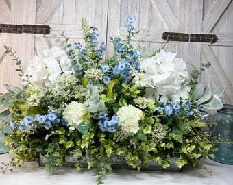 Farmhouse Eucalyptus Tray White Hydrangeas, Blue Accents -New Country Kitchen ‘Fresh look’ Realistic All Faux Floral, Mother’s Day Gift