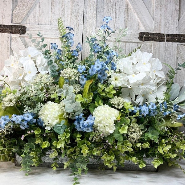 Farmhouse Eucalyptus Tray White Hydrangeas, Blue Accents -New Country Kitchen ‘Fresh look’ Realistic All Faux Floral, Mother’s Day Gift