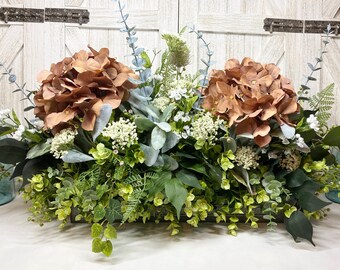 Farmhouse Eucalyptus Arrangement, Taupe Hydrangeas & Cream Accents, Assorted Greenery, Dining Table Centerpiece, Faux Floral, Fall Gifts