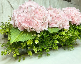 Farmhouse Hydrangea Arrangement, 23" Greenery Tray Pink True Touch 7.5” Hydrangeas, Eucalyptus ‘Fresh look’ Faux Floral, Gift for Mom