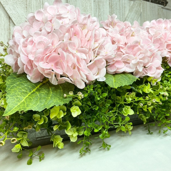 Farmhouse Hydrangea Arrangement, 23" Greenery Tray Pink True Touch 7.5” Hydrangeas, Eucalyptus ‘Fresh look’ Faux Floral, Gift for Mom