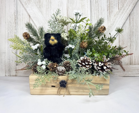 Black Bear Decor, Small Woodland Table Arrangement, Rustic Cabin Centerpiece, faux floral