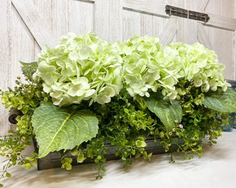 Light Green Lovely 23" Farmhouse Centerpiece, Greenery Tray True Touch 7.5” Green Hydrangeas, Eucalyptus Realistic Faux Floral, Gift for Mom