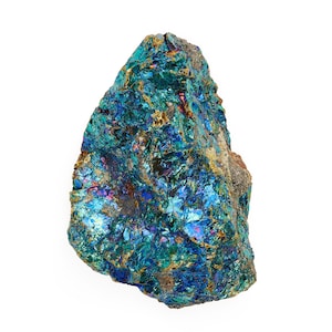 May include: A large, rough, iridescent blue, green, and gold mineral specimen. The mineral has a metallic sheen and a variety of textures.