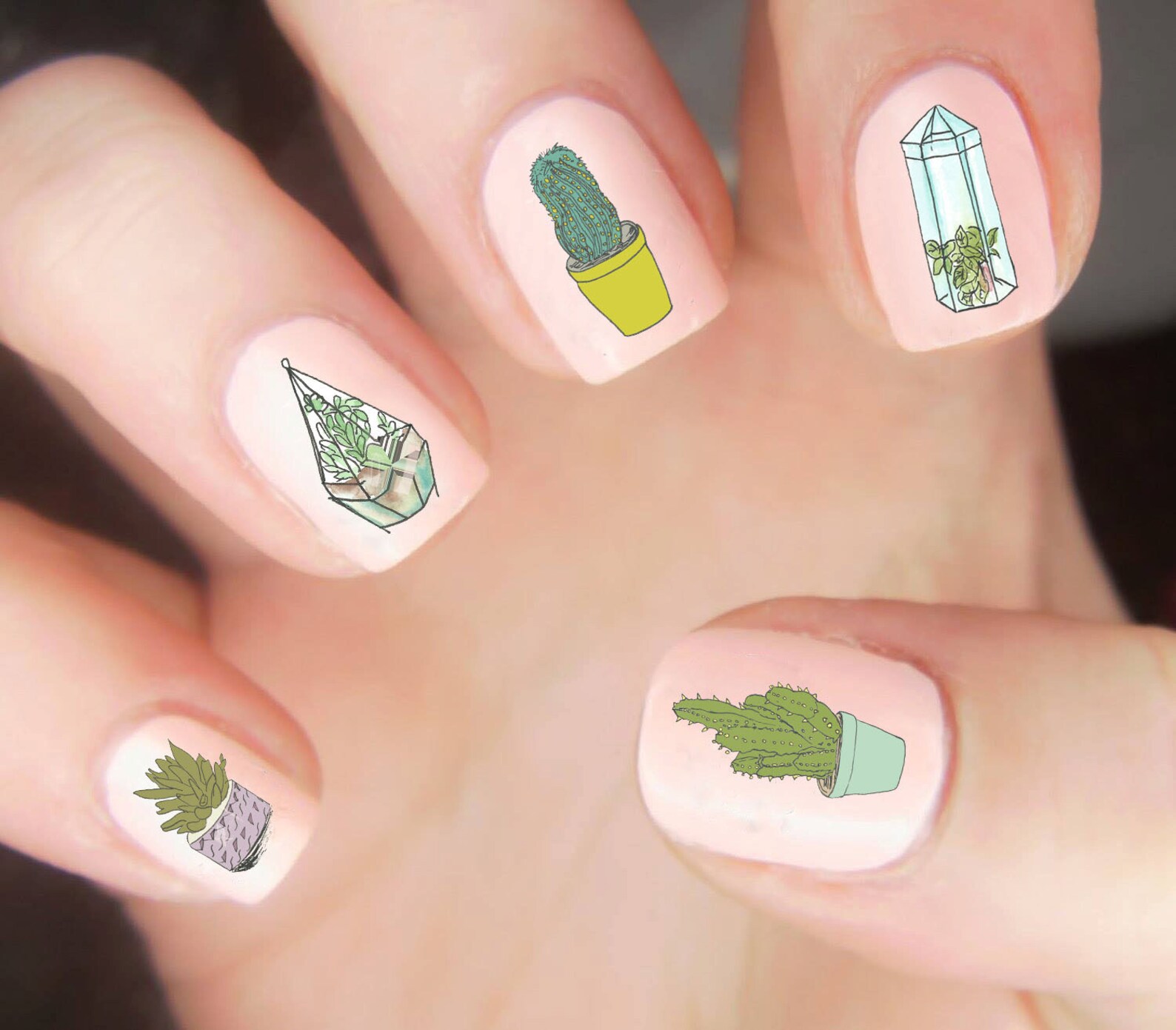 Cactus Nail Decals / Flower Nail Decals / Spring Nail Decals / Etsy