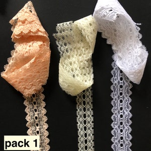 Eyelet laces of various widths in pre cut lengths: in greens, cream, white, red and white and  multicoloured
