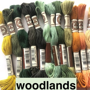 May include: A collection of 12 DMC embroidery floss spools in shades of green, yellow, and orange. The spools are labelled with the DMC numbers 2145, 214, 2890, 2171, 2413, 289, 2766, 2160738, and the word "woodlands".