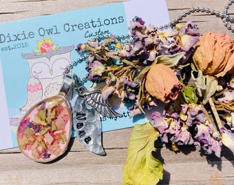 Funeral flower keepsake, one inch teardrop necklace, memorial flowers, wedding flowers, one name handstamp pendant