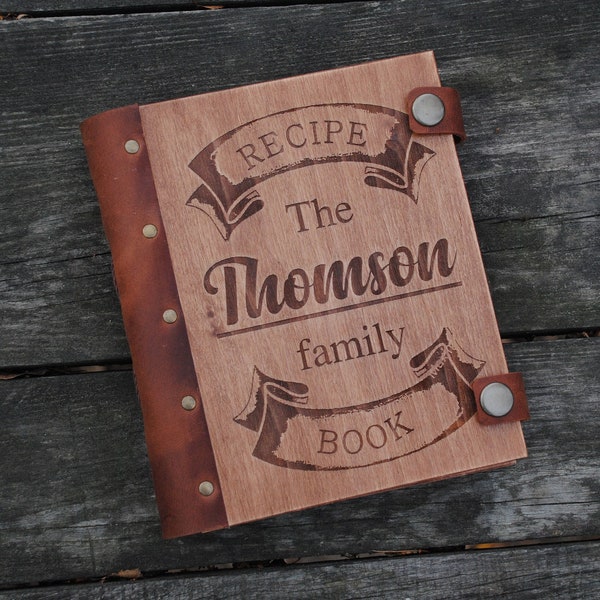 Family recipe book wooden recipe journal family recipes gift for her wood recipe binder custom bridal recipe notebook leather recipe journal