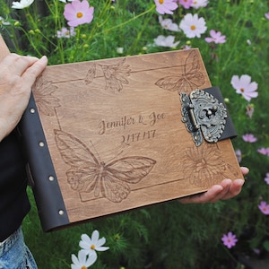 Family christmas gift Wedding guestbook wooden anniversary gift personalized leather photo album gift for couple rustic butterfly wedding