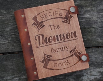 Family recipe book wooden recipe journal family recipes gift for her wood recipe binder custom bridal recipe notebook leather recipe journal