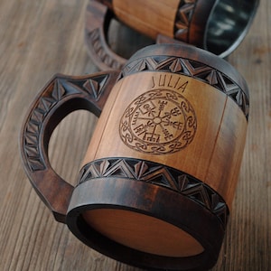 Norse Wooden Beer Mug: Vegvisir Viking tankard, 5 anniversary for him 画像 1