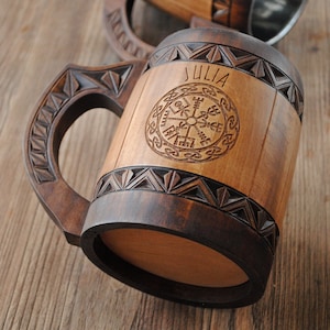 EXCLUSIVE Christmas gift Viking tankard hand carved Groomsman beer mug vegvisir 5 anniversary for him Christmas Dad Husband personalize gift