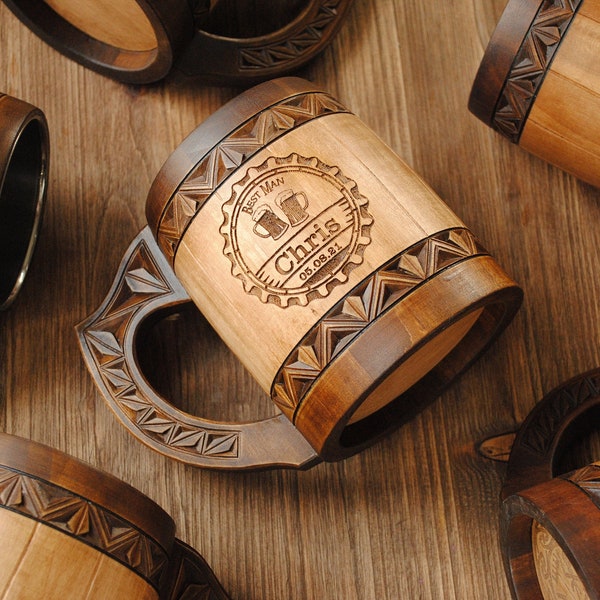 Monogramed groomsmen beer mug wooden stein birthday dad boyfriend gift personalized wedding gift for groom groomsmen best man