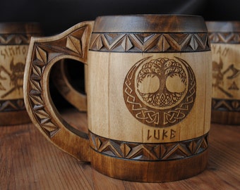 Viking groomsman mug Celtic tree of life Christmas nordic gift tankard wooden beer mug Birthday mens gift personalized wedding mug odin