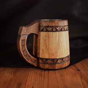 Norse Wooden Beer Mug: Vegvisir Viking tankard, 5 anniversary for him 画像 10