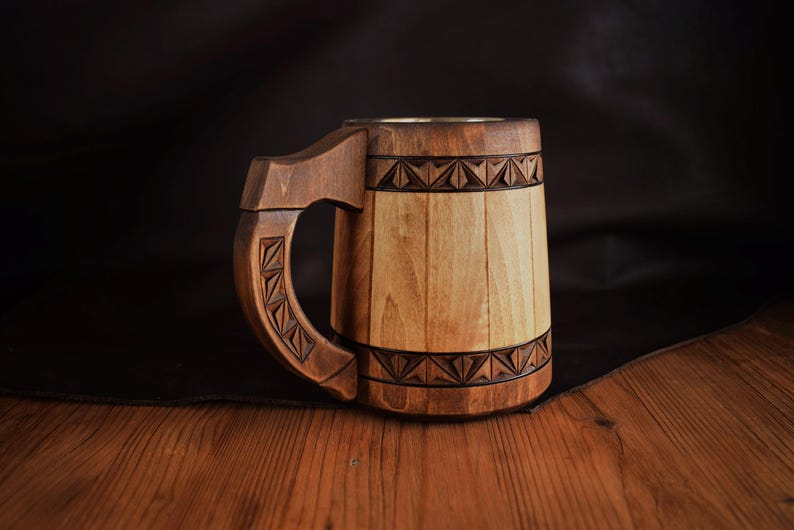 Norse Wooden Beer Mug: Vegvisir Viking tankard, 5 anniversary for him 画像 10