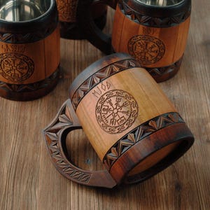 Norse Wooden Beer Mug: Vegvisir Viking tankard, 5 anniversary for him 画像 6