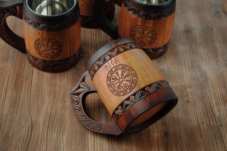 Norse Wooden Beer Mug: Vegvisir Viking tankard, 5 anniversary for him 画像 6