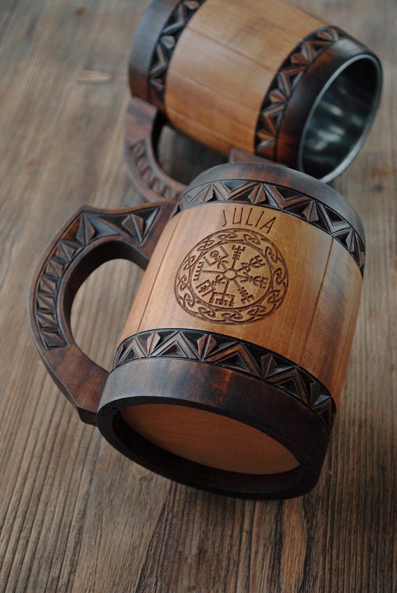 Norse Wooden Beer Mug: Vegvisir Viking tankard, 5 anniversary for him