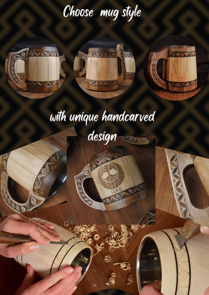 Norse Wooden Beer Mug: Vegvisir Viking tankard, 5 anniversary for him 画像 3