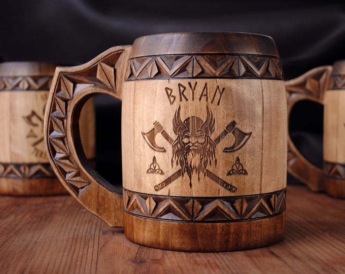 Personalized Viking Tankard, Wooden Beer Mug, Celtic Knots, Engraved groomsman Cup, Norse gift for Husband, Him, Boyfriend, Dad