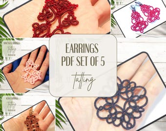 Set di 5 modelli di orecchini in PDF per chiacchierino, chiacchierino con navetta e ago/PDF/ Chiacchierino con navetta e ago, tutorial digitale, guida passo passo
