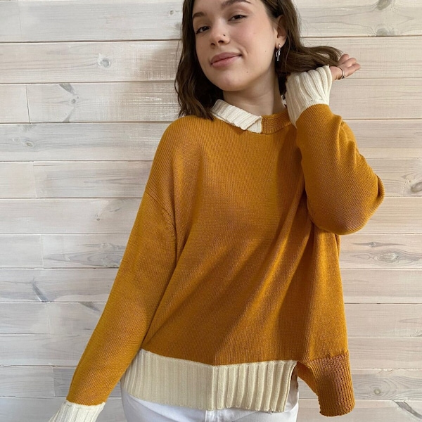 Pull femme blanc moutarde en douce laine mérinos