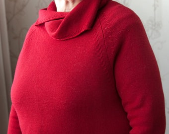 Merino wool sweater for women, red oversized pullover with exclusive collar