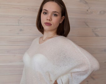 Puff Sleeve Silk White Goat Mohair Sweater Soft And Warm Women's Pullover