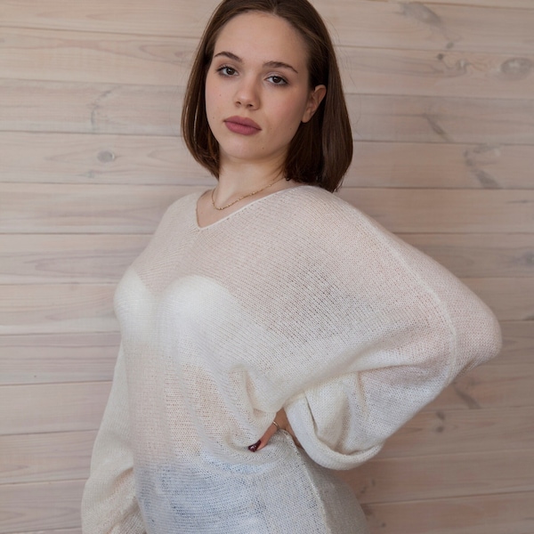 Puff Sleeve Soie Blanche Chèvre Mohair Pull Doux et Chaud Femmes