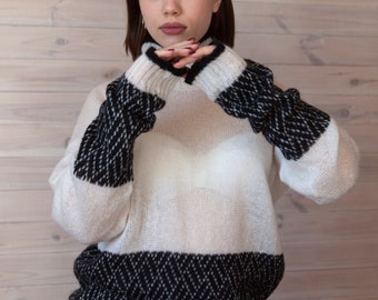 Women sweater kid mohair  White Pattern Black Print