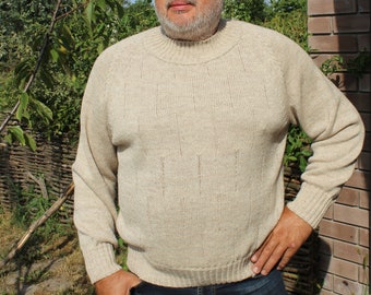 Men's raglan sleeve sweater made from soft merino alpaca wool, hand knitted