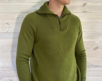 Men's Khaki Green Merino Wool Turtleneck Knitted Quarter Zip Sweater